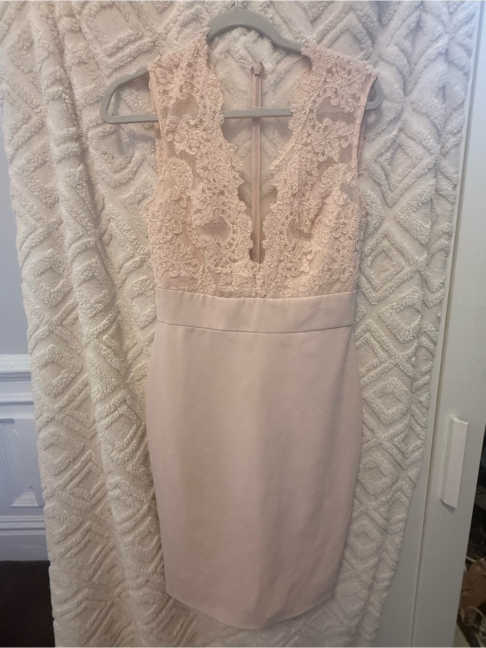Theia Blush Lace V-Neck Midi Sheath Dress